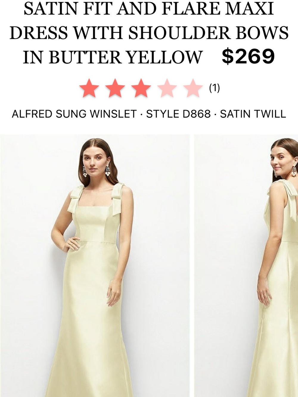 ALFRED SUNG Butter Yellow Maxi Dress with Shoulder Bows